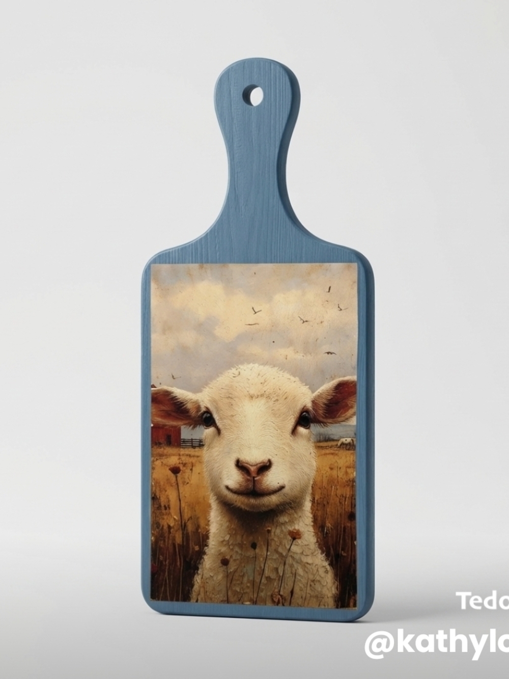 Blue Wooden Paddle Wall Art with Lamb Illustration